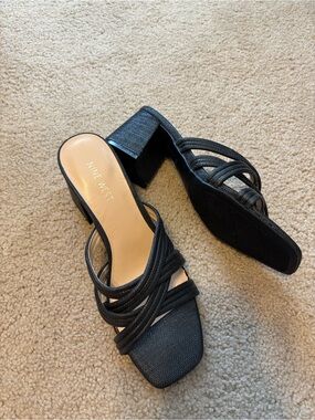 Nine West Black Strappy Block Mule Heels NEW